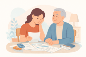 Aidante accompagnant une personne âgée à domicile avec bienveillance et soutien