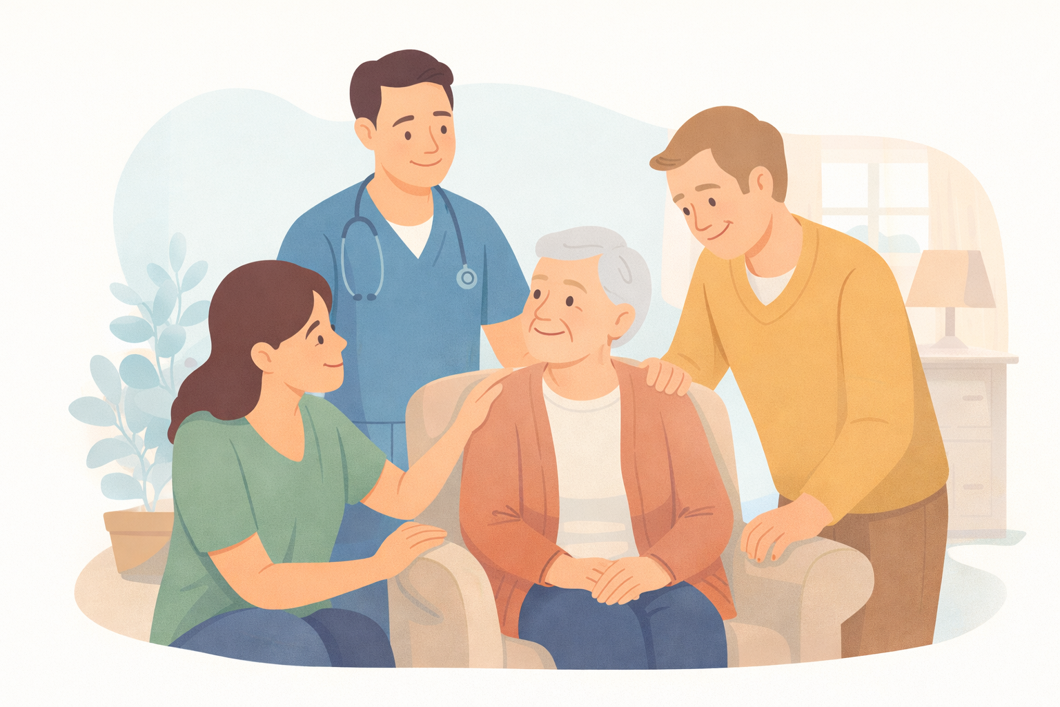 Personne-agee-entouree-de-professionnels-a-domicile-et-dun-proche-aidant-illustrant-limportance-de-bien-sentourer-pour-le-maintien-a-domicile